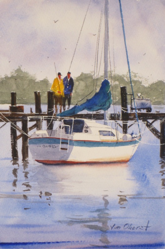 seascape, dock, wharf, boat, sailboat, sea, florida, apalachicola, original watercolor painting, oberst